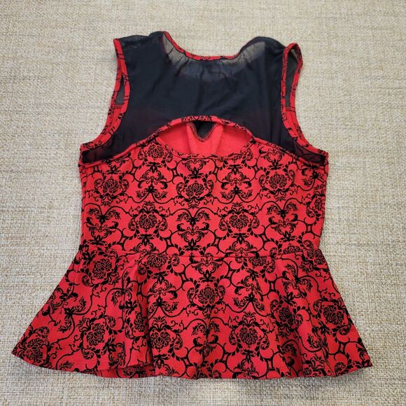 Bongo Peplum Top‎ Juniors Large Red Black Floral Mesh Cut Out Back Whimsigoth - Picture 8 of 10